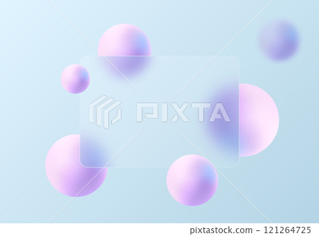 Website landing page template in glass morphism style. Frosted glass partition with floating spheres. 121264725