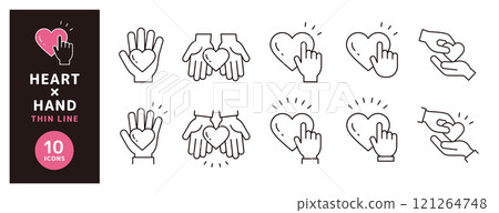 Hand and heart icon set representing love and heart _ thin line Hand and heart icon set representing love and heart _ thin line 121264748