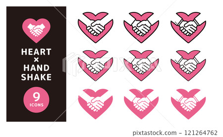 Icon set of hands shaking in a heart _ Hand and heart design _ Black line 121264762