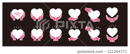 Icon set of hands holding a heart and hands passing a heart_Thick line and silhouette hearts_White 121264771