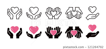 Icon set of hands holding a heart _ set of lines and silhouettes Icon set of hands holding a heart _ set of lines and silhouettes 121264782
