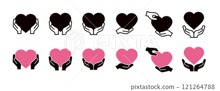 Icon set of hands holding a big heart _ Hand and heart illustration _ White space Icon set of hands holding a big heart _ Hand and heart illustration _ White space 121264788