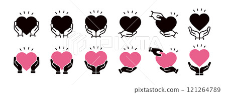 Icon set of hands holding a big heart _ Hand and heart illustration _ White space _ Surprise 121264789