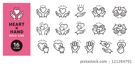 Icon set of hands holding a heart _ Symbol of heart and hands _ Thick line _ Surprise 121264791
