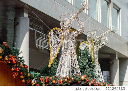Merry Christmas decorative stand illuminated for holidays 121264883