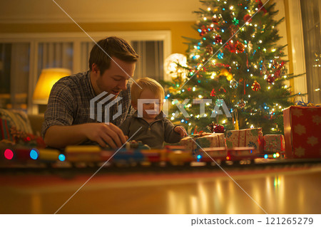 Father and his son are playing with a toy train set in front of the Christmas tree on Christmas eve 121265279