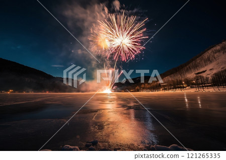 Colorful fireworks are exploding over a frozen lake with a small town and mountains in the background 121265335