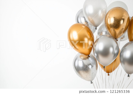 Bunch of gold and silver balloons floating on a white background, perfect for celebrations and happy events 121265336