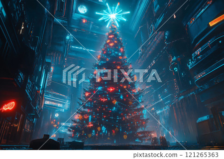 Tall Christmas tree glows warmly in a futuristic city center on a wintry night, blending neon lights and modern architecture for a surreal holiday celebration 121265363