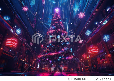 Futuristic cityscape glowing with neon lights and adorned with Christmas decorations, featuring a central Christmas tree 121265364