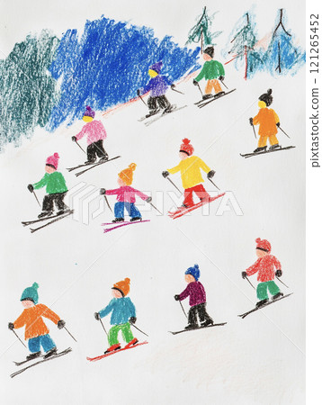 Children skiing on snowy mountains AI image 121265452