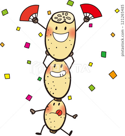 Illustration of a cute lotus root character posing with a fan among confetti 121265485