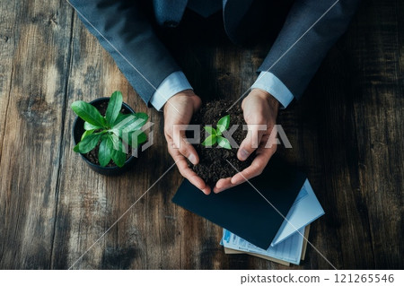 Businessman planning on environmental protection. 121265546