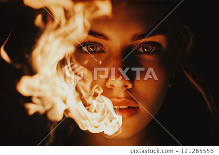 Fire below, woman face on a black background. 121265556
