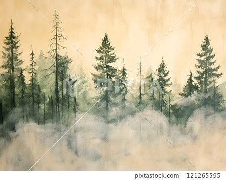 Abstract watercolor forest banner depicting green trees in fog. 121265595