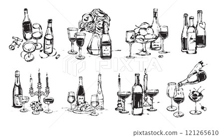 Romantic wine bottle illustration set, vector hand drawn ink Italian date champagne glass print.  121265610