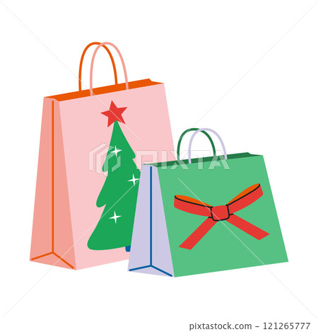 Christmas and New Year gifts package, bags with festive decorations like Xmas tree and bow. Trendy modern vector illustration isolated on white background, hand drawn, flat design 121265777
