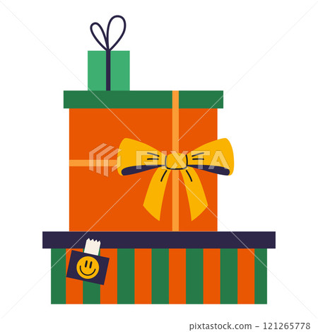 Christmas and New Year gifts package, boxes with festive decorations ribbons and bow. Trendy modern vector illustration isolated on white background, hand drawn, flat design 121265778