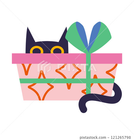 Gift box with ribbon and bow and cute cat hiding behind it. Christmas, Valentines and birthday holiday packaging decor. Trendy modern vector illustration isolated on white, hand drawn, flat design 121265798