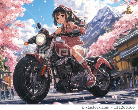 A young woman riding a motorcycle with the arrival of spring 121266166