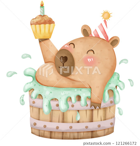 Cartoon capybara on birthday party, hand drawn watercolor Cartoon capybara on birthday party, hand drawn watercolor 121266172