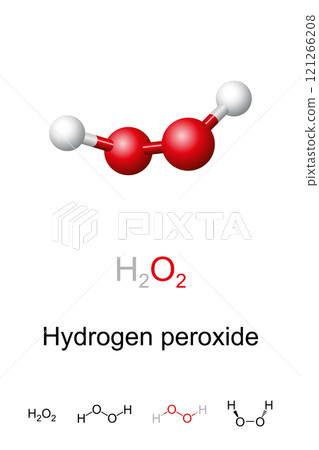 Hydrogen peroxide, H2O2, molecule model and chemical formula. Ball-and-stick model and geometric structure of peroxol, a pale blue liquid, used as an oxidizer, bleaching agent and antiseptic. Vector 121266208