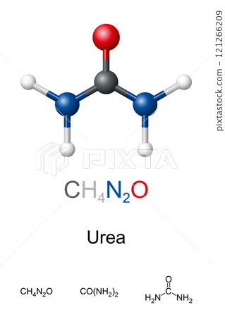 Urea, carbamide, molecule model and chemical formula. Ball-and-stick model of the organic compound carbonic diamide. Serves an important role in cellular metabolism, and used in fertilizer production. 121266209