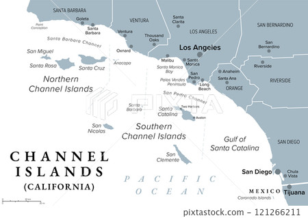 Channel Islands of California, gray political map. Eight-island archipelago in the Pacific, southwest of Los Angeles metropolitan area, administered by counties Santa Barbara, Ventura and Los Angeles. 121266211
