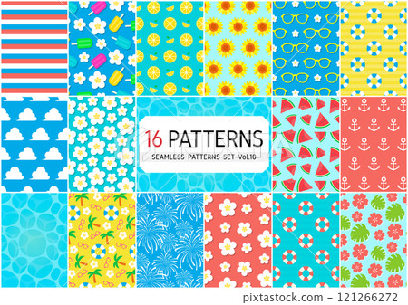 一套包含 16 種無縫圖案:向日葵、冰淇淋、雞蛋花、雲朵、夏季和熱帶夏威夷圖案背景素材 一套包含 16 種無縫圖案:向日葵、冰淇淋、雞蛋花、雲朵、夏季和熱帶夏威夷圖案背景素材 121266272