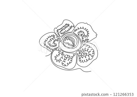 Single one line drawing beauty fresh corpse lily for home wall decor poster art print. Decorative rafflesia arnoldii flower for national park. Continuous line draw design graphic vector illustration 121266353