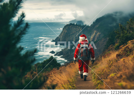 Santa claus is enjoying a beautiful winter day hiking along a scenic coastal trail 121266639