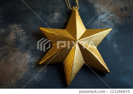 Golden christmas star ornament hanging and shining on a dark textured background 121266655