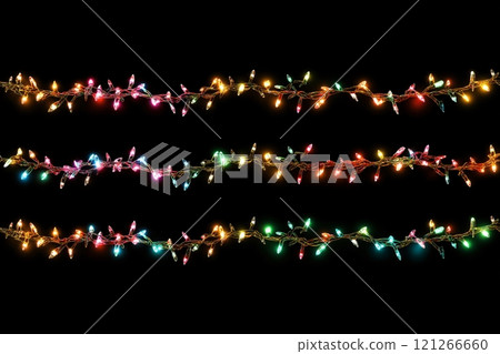 Three strings of colorful christmas lights garland twinkling on black background 121266660