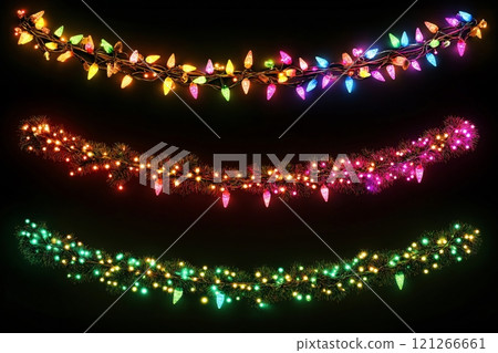 Three beautiful christmas garlands hang against a black background, twinkling colorful lights create a festive atmosphere. Sparkly elements set a joyful mood for parties 121266661