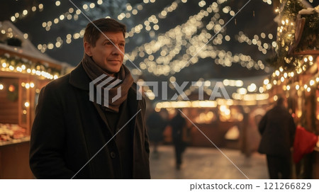 Man is happily strolling through a festive christmas market at night, enjoying the holiday atmosphere 121266829