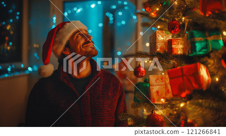 Young man is smiling while looking up at a decorated christmas tree with wrapped presents underneath 121266841