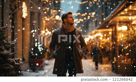Stylish man is enjoying a snowy evening in the city during christmas time, walking outside with christmas lights all around 121266842