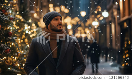 Young man is taking a stroll in a decorated city during winter holidays, enjoying the christmas spirit 121266843