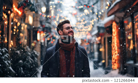 Elegant man is smiling while walking on a snowy street with christmas lights 121266844