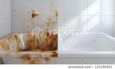 Cleaning rust stains in a bathtub, before and after Cleaning rust stains in a bathtub, before and after 121266861