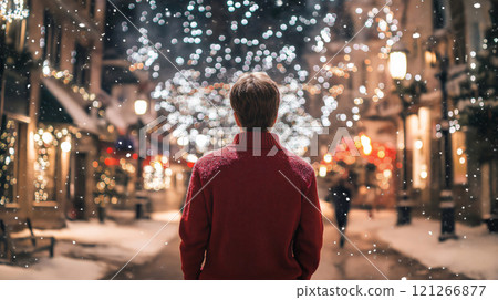 Man wearing a red sweater is enjoying the magic of christmas lights illuminating a snowy street 121266877