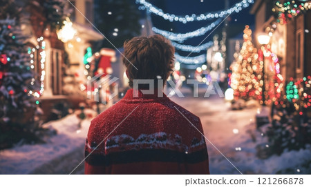Man wearing a red sweater is enjoying the magic of christmas by walking in a decorated street 121266878