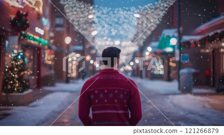 Young man is taking a stroll down a decorated city street during a snowy christmas eve 121266879