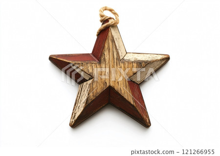 Rustic wooden five pointed star with a distressed red and white finish hanging on a white background 121266955