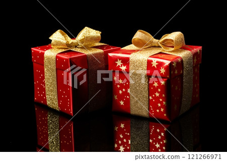 Two red christmas gift boxes wrapped with shiny gold ribbons are sitting on a black reflective surface 121266971