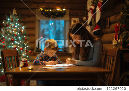 Young boy and his mother are sitting at a table in their living room, writing a letter to Santa Claus 121267020