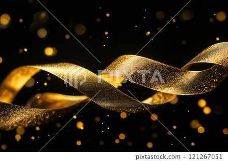 Golden ribbon curling on black background with sparkling glitter, creating a festive holiday mood 121267051