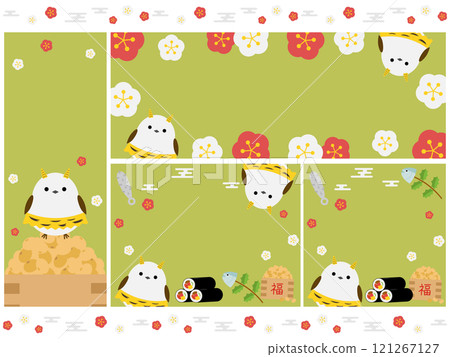 Set of 4 cute long-tailed tit and Setsubun backgrounds 121267127