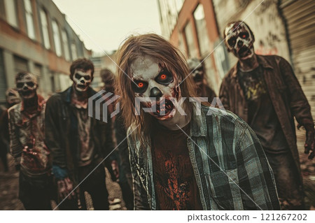 Zombie apocalypse scene with zombies roaming in a deserted urban area. 121267202