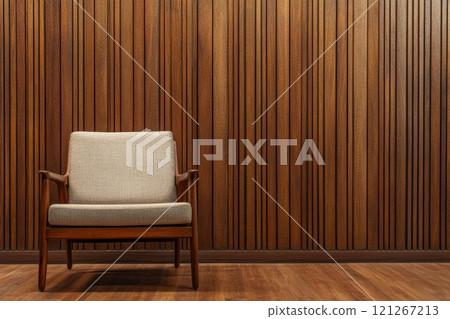 Wooden living room with armchair on empty wall background. 121267213